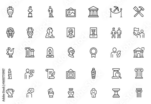 Vector museum icon set with history glyph pictograms: ancient artifact, sculpture, statue, painting, exhibition, archaeology, heritage, tour, architecture, black silhouette illustration
