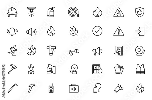 Evacuation and fire safety icon set: vector glyph pictograms of firefighter helmet, sprinkler system, extinguisher, smoke detector, hose, flammable sign, black silhouette illustration and more.