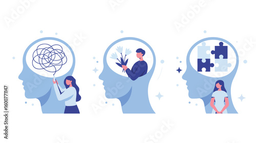 Mental Wellness Metaphors — Trio of Conceptual Human Head Illustrations Depicting Confusion, Nurturing Growth, and Problem-Solving Clarity