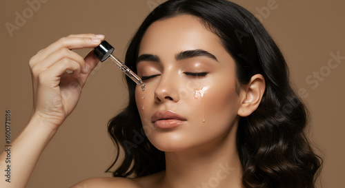 Twenty-something woman applying moisturizing serum to her face for radiant skincare in a beauty treatment