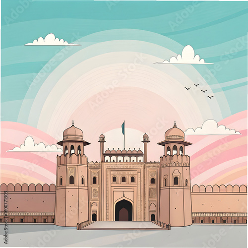 flat illustration of lahore fort with pastel sky