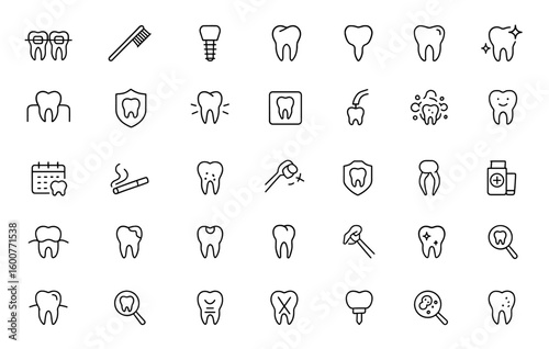 Dental medical care icon set with vector pictograms: braces, toothbrush, implants, cavities, tooth crown, root, whitening treatments, mouthwash, gum hygiene, thin linear illustration, oral health