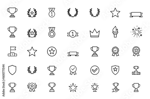 Victory and achievement icon set with line style. Vector thin linear pictograms of trophies, medals, laurel wreaths, stars, banners, and award symbols illustration and more.