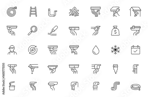 Downspout cleaning and gutter maintenance icon set, thin linear vector illustrations of hose, ladder, bracket, debris, leaf guard, repair pictograms, home repair tools, exterior maintenance, cleaning