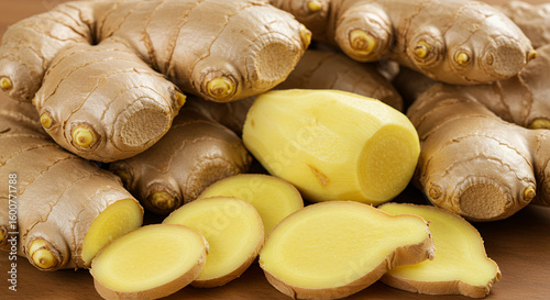 Fresh Ginger Rhizome Pile: Peeled and Sliced Roots for Cooking and Herbal Remedies