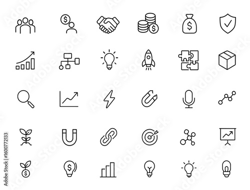 Innovative startup icon set glyph. Vector pictograms including team, investor, handshake, capital, gear, feedback, money bag, shield, graph, flowchart, light bulb, black silhouette and more.