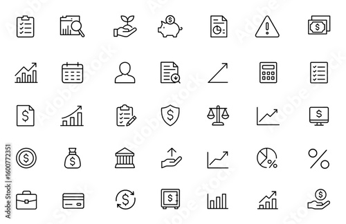 Accounting finance management glyph icon set: vector pictograms of audit, investment, piggy bank, risk warning, bills, forecast, person, black silhouette sign illustration, business icons and more.