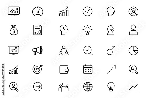 Vector glyph icon set of analytics reporting, speedometer, sales chart, checkmark, dollar, bullseye, money bag, document, interpretation, lightbulb, black silhouette pictograms and more.