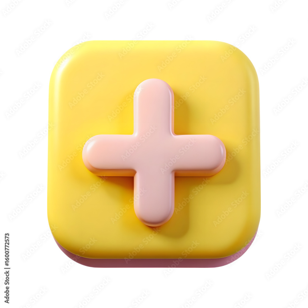 Obraz premium 3d rendered pink cross symbol on a yellow rounded square isolated on transparent background