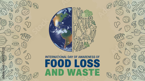 Vector Illustration of Food Waste Awareness with Rotting Vegetables, Trash Can, and Stop Food Waste Message