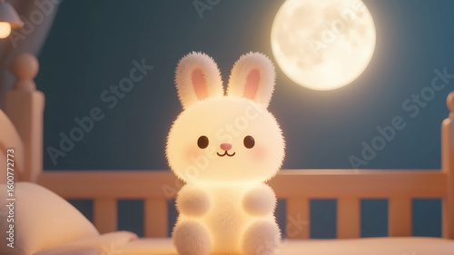 3D cartoon illustration of a cute white rabbit with fluffy texture and a full moon