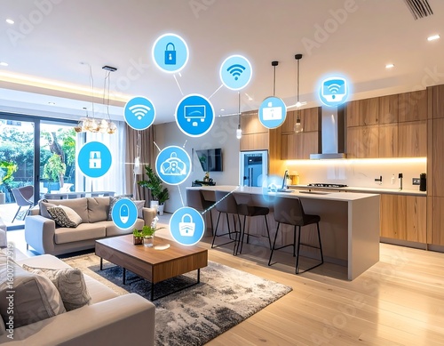 Modern smart home kitchen and living room