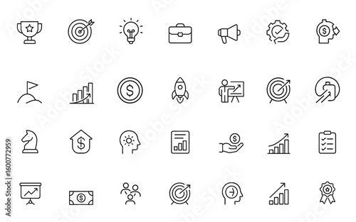 Startup trophy line icon set: thin linear vector pictograms of success, target, bullseye, innovation idea, marketing, briefcase, deal, management, time, award illustration and more.