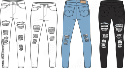 Ripped skinny jeans cad drawing flat vector with front and back view, multiple color styles, denim fashion sketch illustration