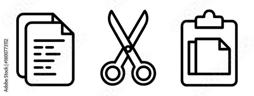 Copy, Cut, and Paste icons for app, UI, and website. Transparent vector set