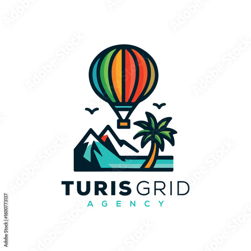 Hot air balloon adventure over mountains and tropical beach logo