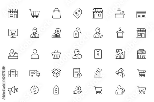 Retail and shopping icon set: vector glyph pictograms of storefront, cart, bag, cashier, store, marketplace, e-commerce, business, management black silhouette illustration and more.