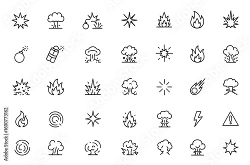 Detonation explosion icon set, vector pictograms illustrating blast, bomb, dynamite, impact, shockwave, mushroom cloud, explosive forces, thin linear outline illustration and more.