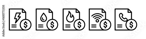 utility bill icon set with electricity, water, gas and phone