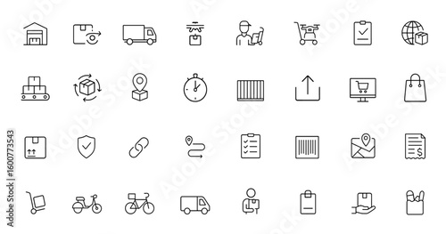 Logistics and delivery icon set with vector glyphs: black silhouette pictograms of warehouse, package, truck, drone, courier, shipping, supply chain, e-commerce, shopping bag concept and more.