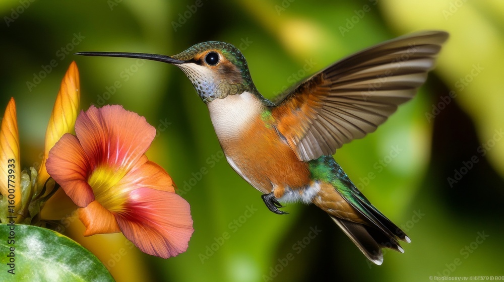 Fototapeta premium A captivating hummingbird hovers near colorful tropical flowers, displaying its iridescent feathers in high detail