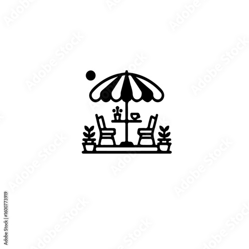 A simple line art illustration of a cafe scene with umbrella and chairs