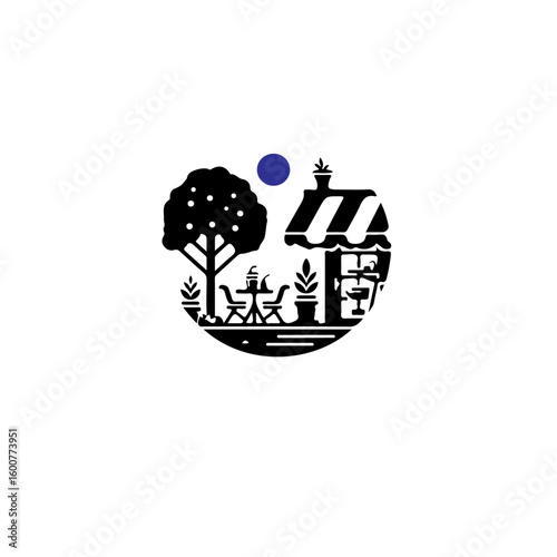 A stylized cafe scene with tree tables chairs and a blue circle above it all
