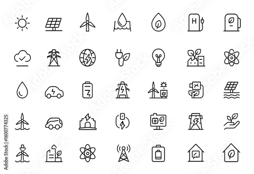 Clean energy generation and sustainable power system line icon set featuring renewable energy, solar, wind, hydrogen, EV charging, low emission, grid infrastructure, green technology