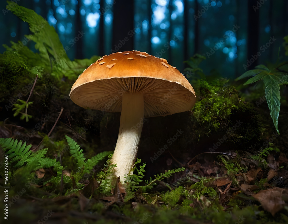 Fototapeta premium mushroom in the jungle, glowing mushroom in the night background, mushroom in the forest