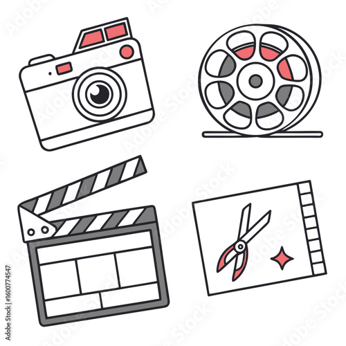Movie camera film strip icon set: a vector symbol illustration for business and web photography design