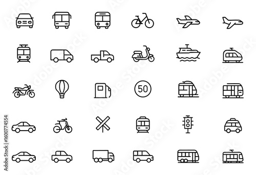 Transportation vehicle icon set with vector glyph pictograms of travel, logistics, public transit, car, train, bus, bicycle, boat, airplane silhouette illustration, transport, commute, delivery