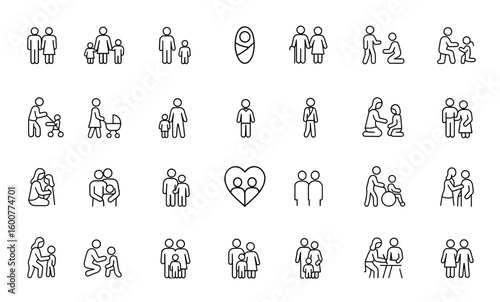 Line icon set of family and parenting. Thin linear vector pictograms of couples, single parents, children, baby, newborn, teenager, elderly, parenting, child care, family care