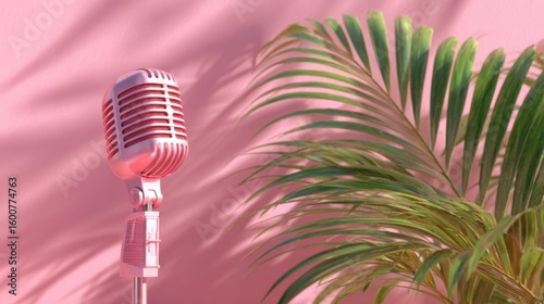 Retro Pink Microphone with Tropical Palm Leaf Shadows on Wall