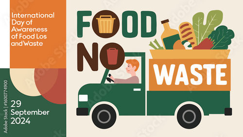 Vector Illustration of Food Waste Awareness with Rotting Vegetables, Trash Can, and Stop Food Waste Message