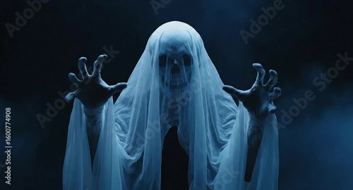 Creepy Ghost in White Sheet Reaching Out in Dark Foggy Atmosphere