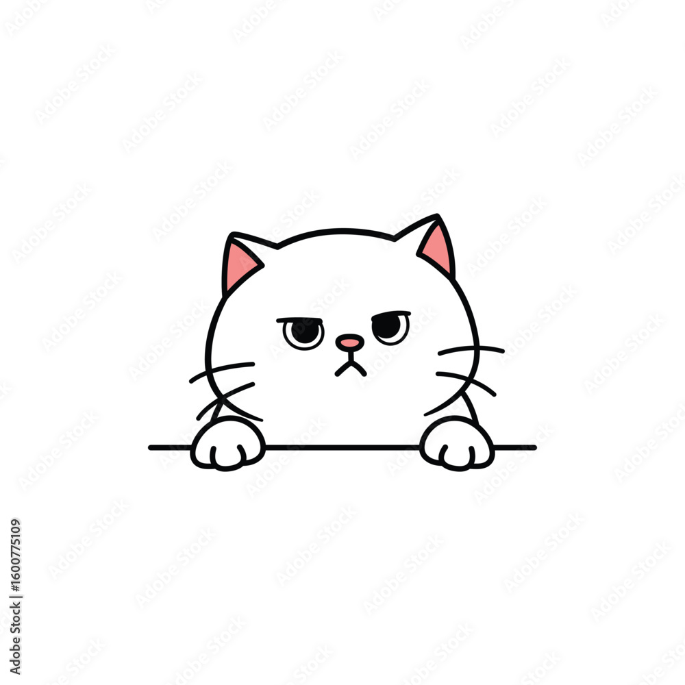 Obraz premium Cute grumpy white cat peeking over a ledge, vector illustration