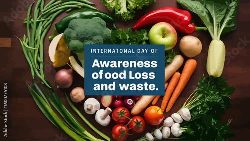 Vector Illustration of Food Waste Awareness with Rotting Vegetables, Trash Can, and Stop Food Waste Message