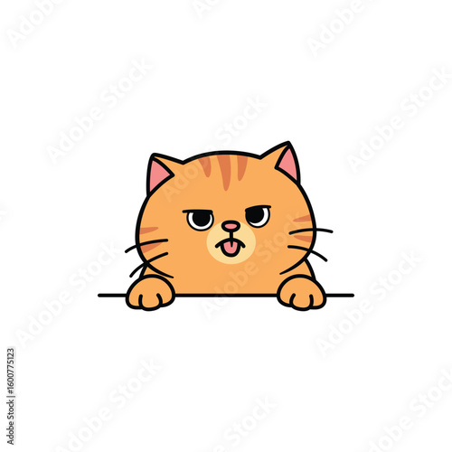 Cute grumpy orange cat tongue out and peeking over a ledge, vector illustration