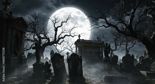 Spooky Graveyard with Tombstones and Full Moon on Foggy Night