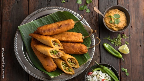 Crispy Mirchi Bajji with Chutney – South Indian Chili Fritters on Rustic Wooden Table