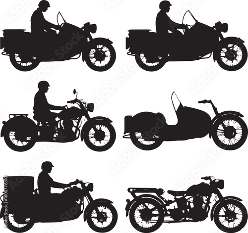 Vintage motorcycles with riders and sidecars silhouette
