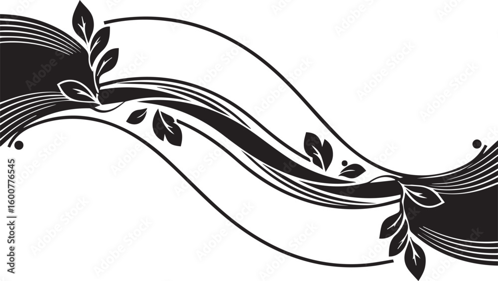 Fototapeta premium Modern ornamental divider with ribbon and leaf design, minimalist black and white vector style,