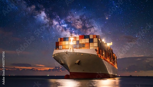 Cargo ship at night under a starry sky