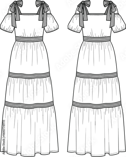 Women's tiered maxi dress fashion sketch, CAD flat drawing with shoulder bow details, front and back view technical illustration