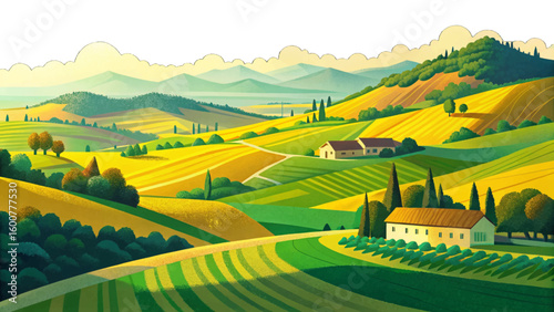 Vector illustration of a calm rural landscape featuring green hills, yellow crop fields, trees, and a bright colorful sky. Ideal for nature, farming, and outdoor themes