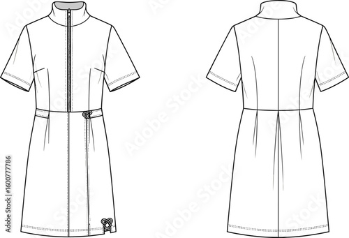 Short sleeve zip front dress technical flat, cad fashion drawing, high neck, waist detail, stylish apparel design, vector sketch