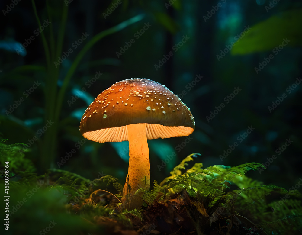 Fototapeta premium mushroom in the jungle, glowing mushroom in the night background, mushroom in the forest