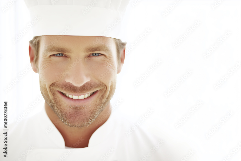 Close-up of kind smiling male cook on white background in studio lighting Close-up of kind smiling male cook on white background in studio lighting