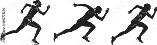 Dynamic silhouette of runners sprinting with speed and power, showcasing fitness, competition, and motivation for sports advertising and athletic campaigns