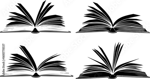 Vector art of four open books with fanned pages symbolizing knowledge and